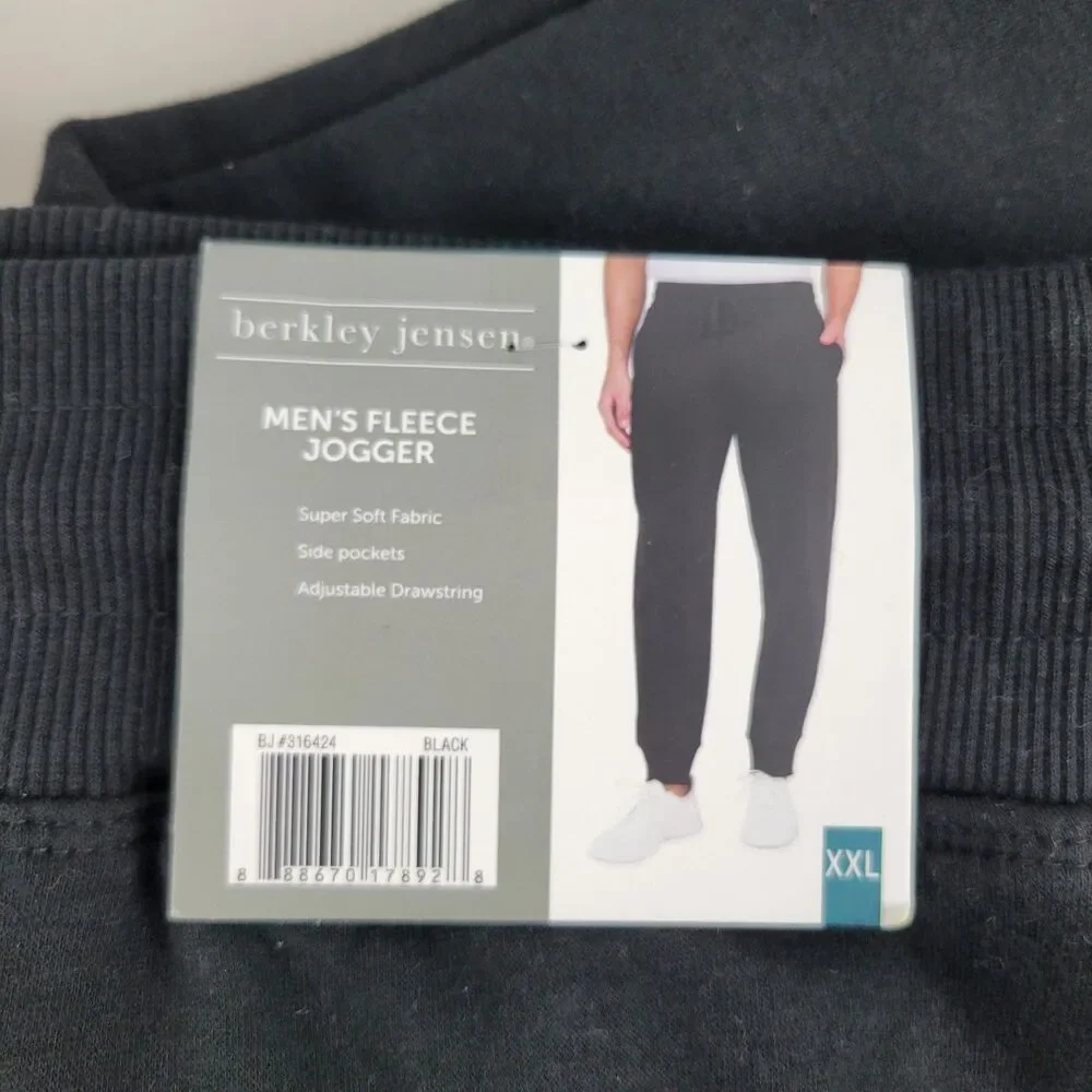 Berkley Jensen Mens Fleece Jogger Pants Drawstring Cotton Blend Black XXL NWT